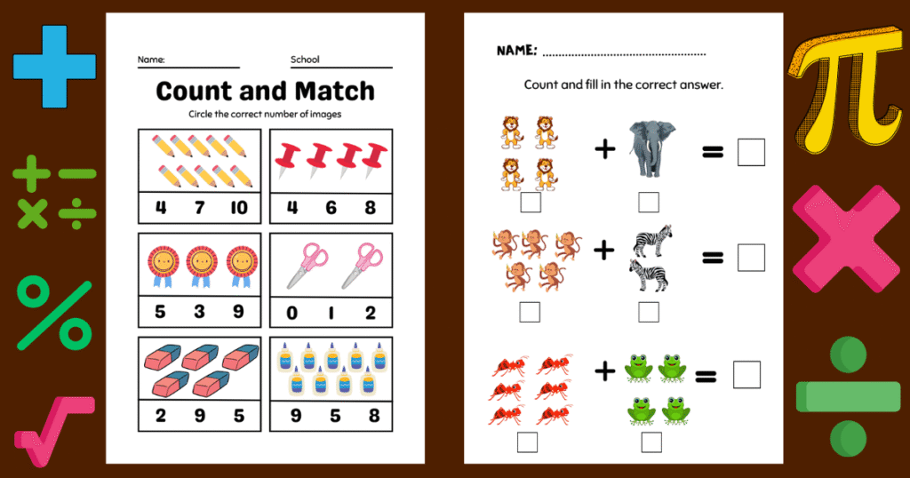 A kids' math worksheet featuring counting and matching exercises with images of school supplies and animals, designed for learning. Addition Worksheets.