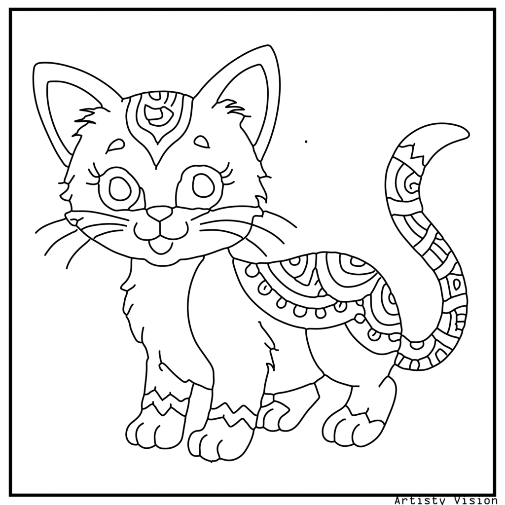 A high-resolution cat coloring sheets featuring a playful kitten with a joyful, curious expression in the foreground. The kitten’s fur is decorated with intricate mandalas, paisley, swirls, floral motifs, and geometric patterns on its ears, whiskers, and tail. The background includes grass, flowers, butterflies, and a patterned sun, making it perfect for kids and adults to color.