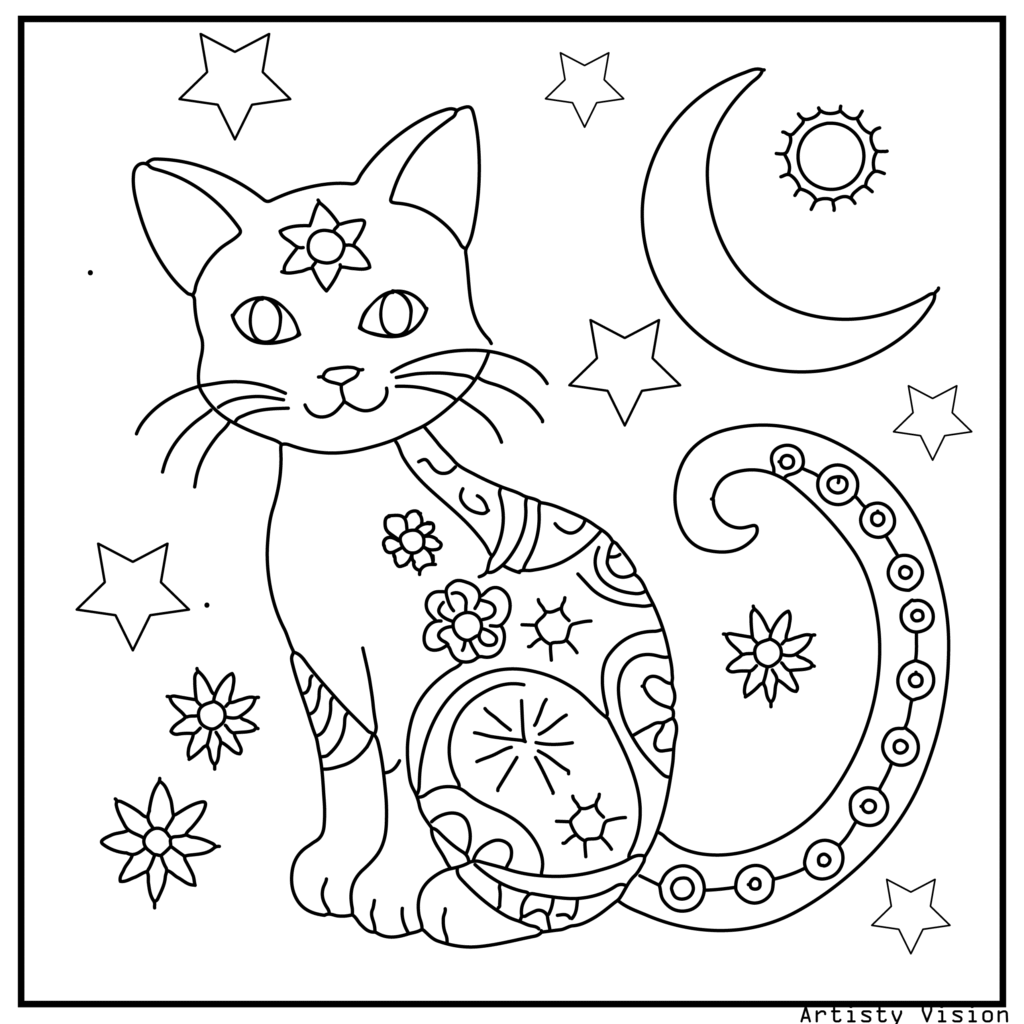 A detailed cat coloring sheets of a relaxed adult cat sitting gracefully with its tail curled. The cat’s fur is fully decorated with mandalas and paisley designs, while the background has outlined decorative stars, a crescent moon, and floral motifs, creating a complex coloring page for children and adults.