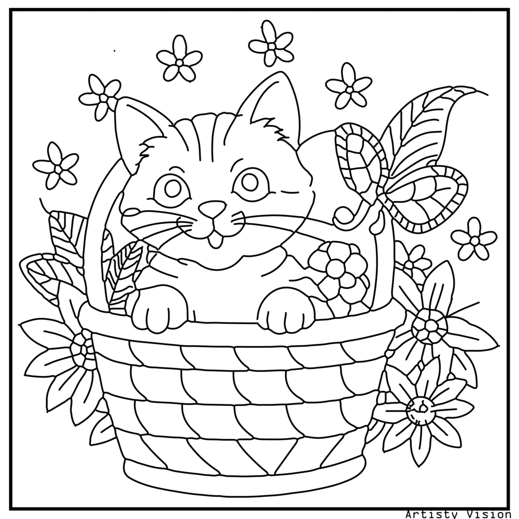 A cat coloring sheets featuring a curious kitten peeking out of a patterned basket. The kitten’s fur is decorated with swirls, floral decorations, and geometric motifs, while the basket shows woven designs. The background includes butterflies, flowers, and grass, offering a highly detailed and fun coloring activity.
