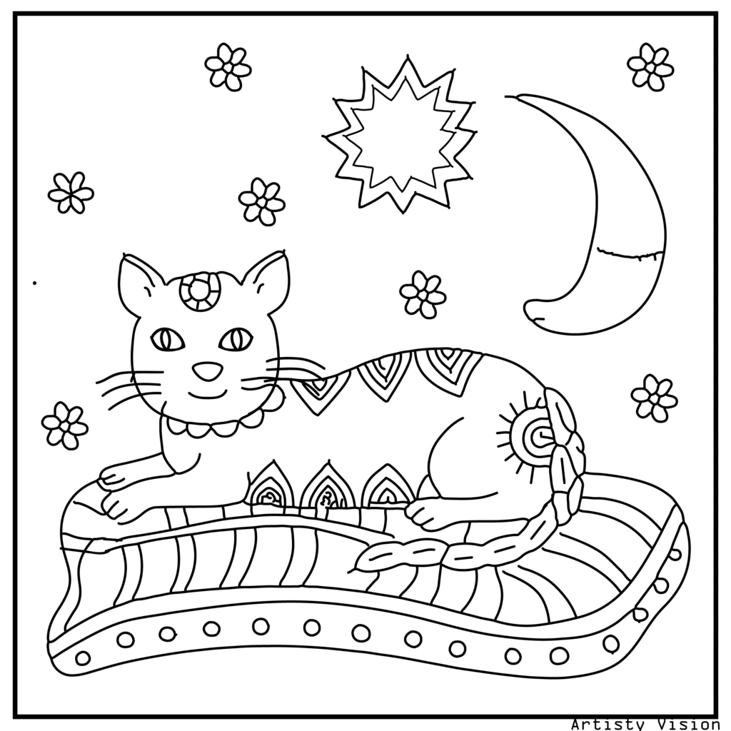 A high-resolution cat coloring sheets of a majestic cat lying on a decorated pillow. The cat’s fur is covered with paisley and floral motifs, while the background includes stylized curtains, stars, and patterned cushions filled with mandalas and swirls, making it suitable for both adults and kids.