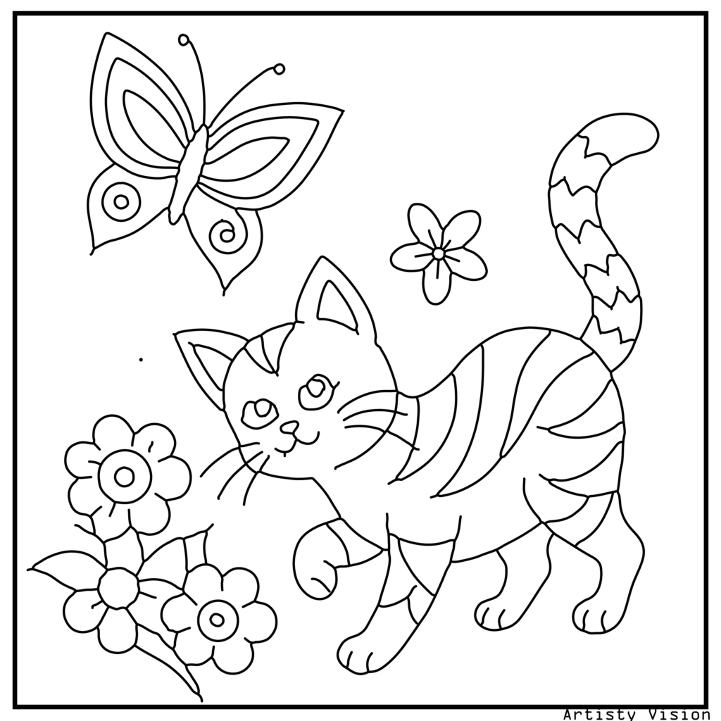 A playful kitten chasing a butterfly in this cat coloring sheets. The kitten’s body is decorated with mandalas, swirls, and paisleys, while the butterfly and background flowers feature symmetrical, detailed designs. A creative black-and-white coloring page for kids and adults.