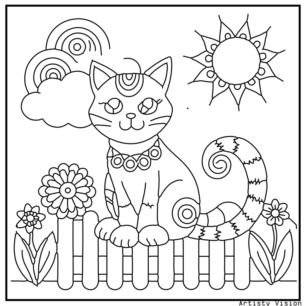 A unique cat coloring sheets with a proud cat sitting on a garden fence. Its tail is decorated with swirling patterns and its fur includes mandalas, paisleys, and floral motifs. The background showcases patterned clouds, flowers, and a sun with intricate inner patterns.