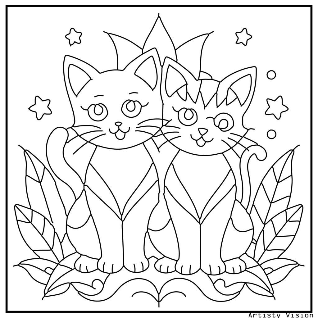 A detailed cat coloring sheets with two playful kittens cuddled together. Their fur is decorated with floral and mandala designs, while the background includes stylized grass, patterned hearts, and stars for a decorative and fun coloring experience.