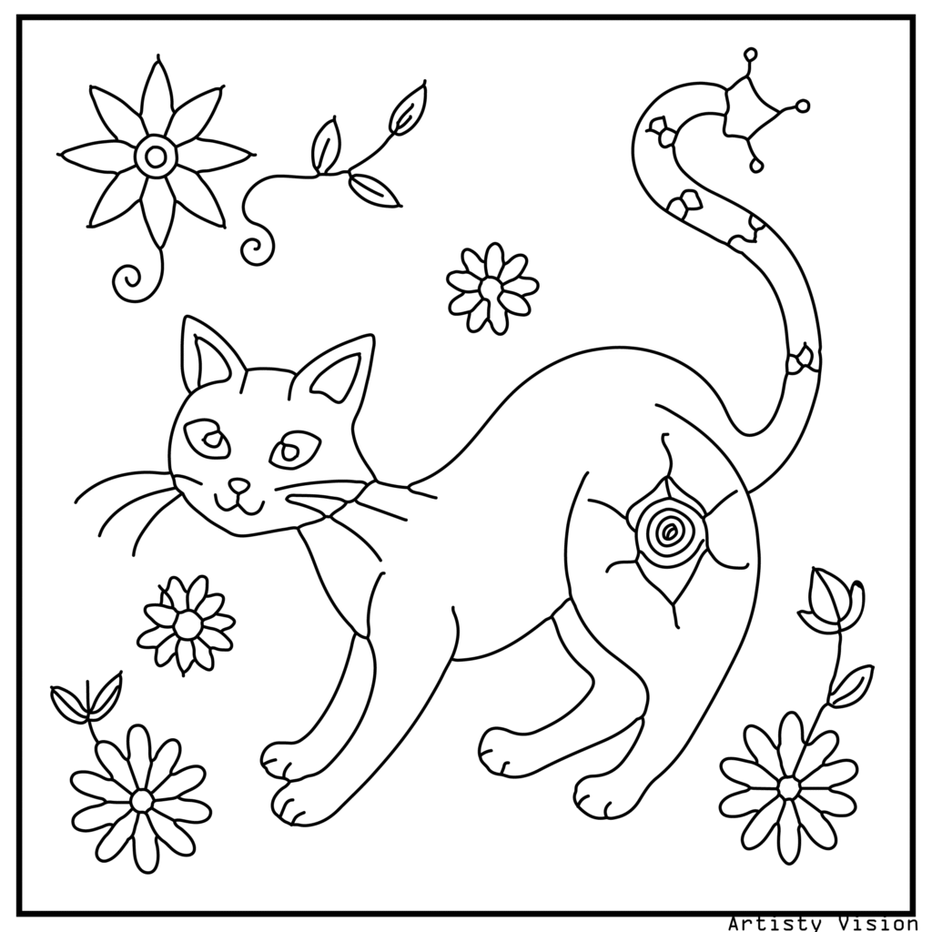 A high-resolution cat coloring sheets of a graceful stretching cat. Its body and tail are filled with paisleys, swirls, and mandalas, while the background is decorated with vines, butterflies, and flowers, offering a beautiful and relaxing coloring design.