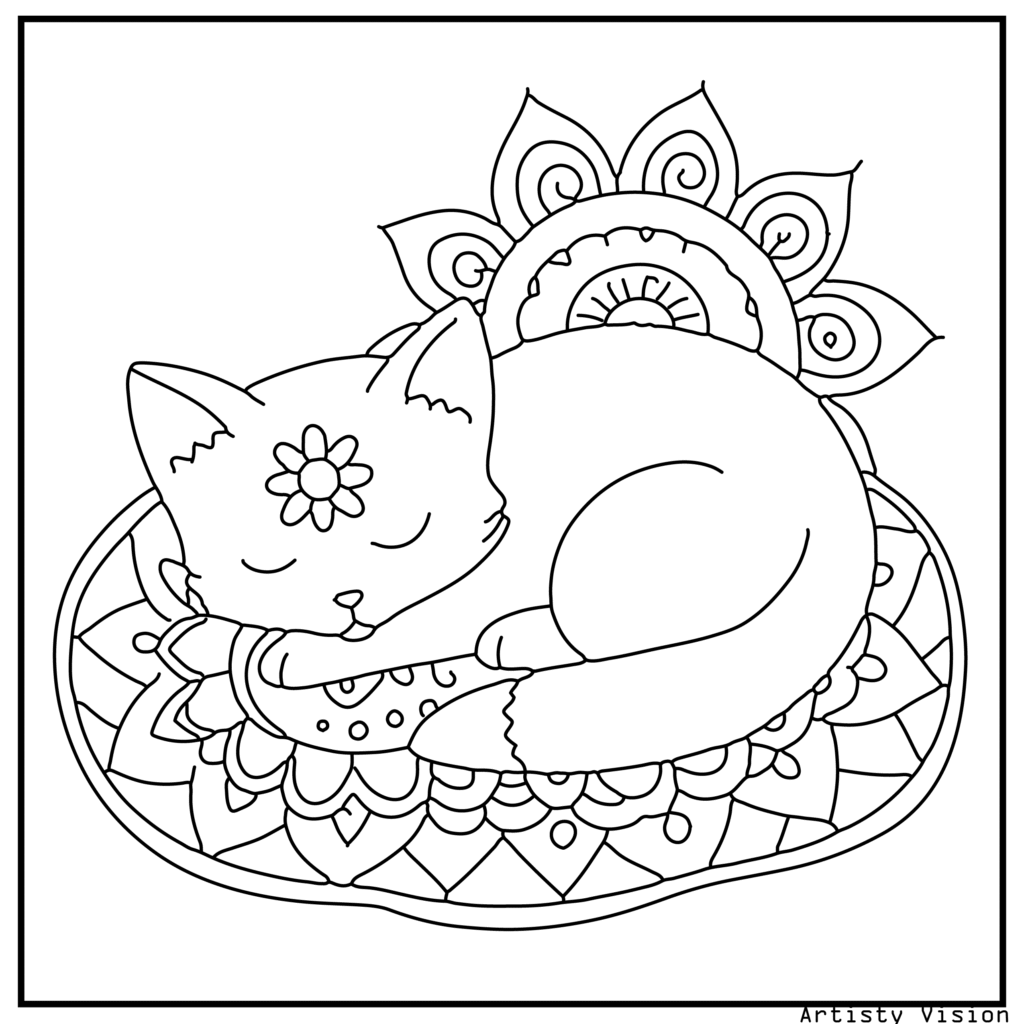 A cute kitten curled up asleep on a patterned cushion in this cat coloring sheets. Its fur is covered with floral motifs and mandalas, while the cushion and background include paisley and swirling decorative details.