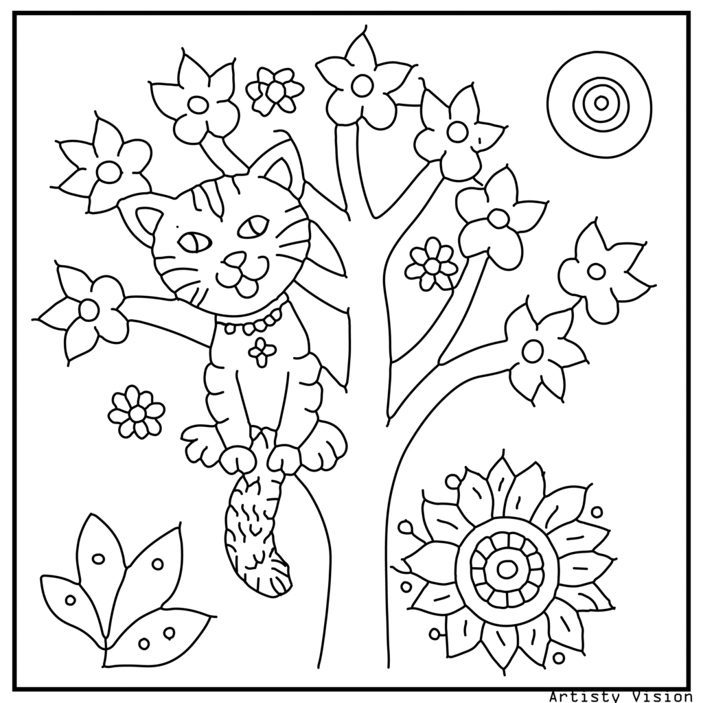 A playful cat climbing a tree in this cat coloring sheets. Its fur is covered in floral, paisley, and mandala designs. The branches of the tree are filled with patterns, stylized flowers, and patterned leaves for detailed coloring fun.