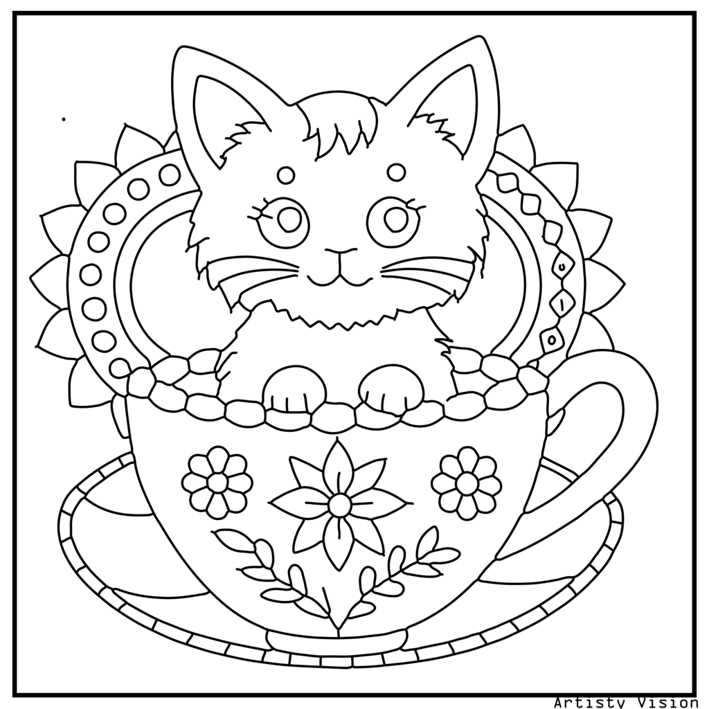 A cat coloring sheets featuring a fluffy kitten sitting inside a patterned teacup. The kitten’s fur is decorated with swirls, floral motifs, and mandalas, while the teacup itself is filled with geometric and paisley designs. The background includes hearts, flowers, and stars for extra decorative detail.