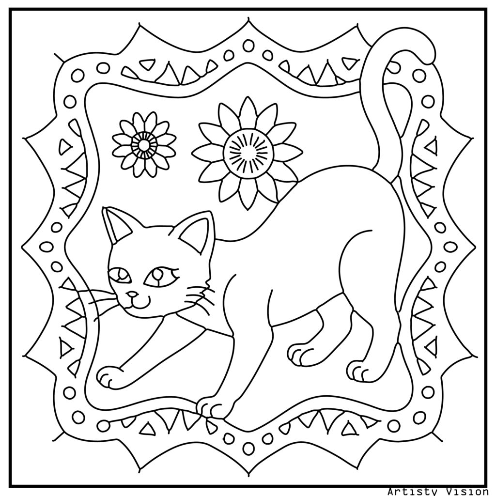 A detailed cat coloring sheets showing a cat stretching on a patterned rug. Its fur is covered in paisleys and mandalas, while the rug features geometric motifs. The background includes curtains, flowers, and lamps decorated with intricate designs.