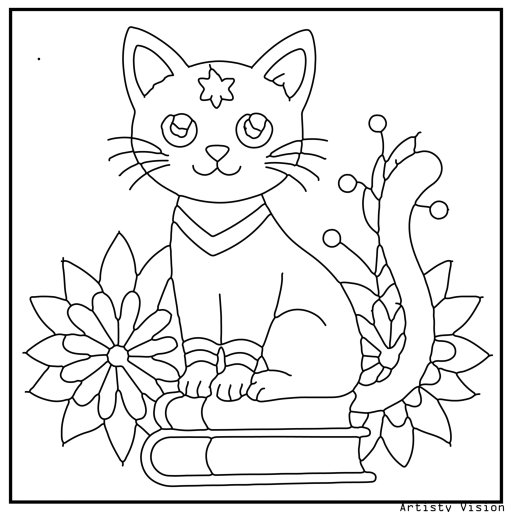 A curious kitten sitting among books in this cat coloring sheets. The kitten’s fur is decorated with floral, paisley, and swirl motifs. The books and background are filled with mandalas, decorative vines, and stars, creating a fun and intricate coloring page.