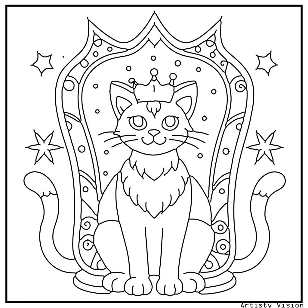 A regal cat wearing a patterned crown in this cat coloring sheets. Its fur is covered with paisleys, mandalas, and swirling designs, while the background includes curtains, stars, and a decorative throne chair with ornate details.