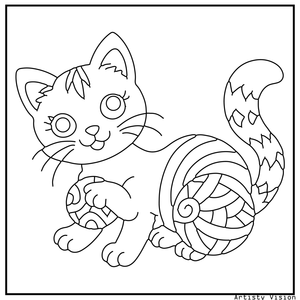 A playful kitten with floral and paisley motifs in its fur playing with a patterned ball of yarn in this cat coloring sheets. The yarn ball is decorated with swirls and mandalas, while the background includes stylized flowers and hearts.