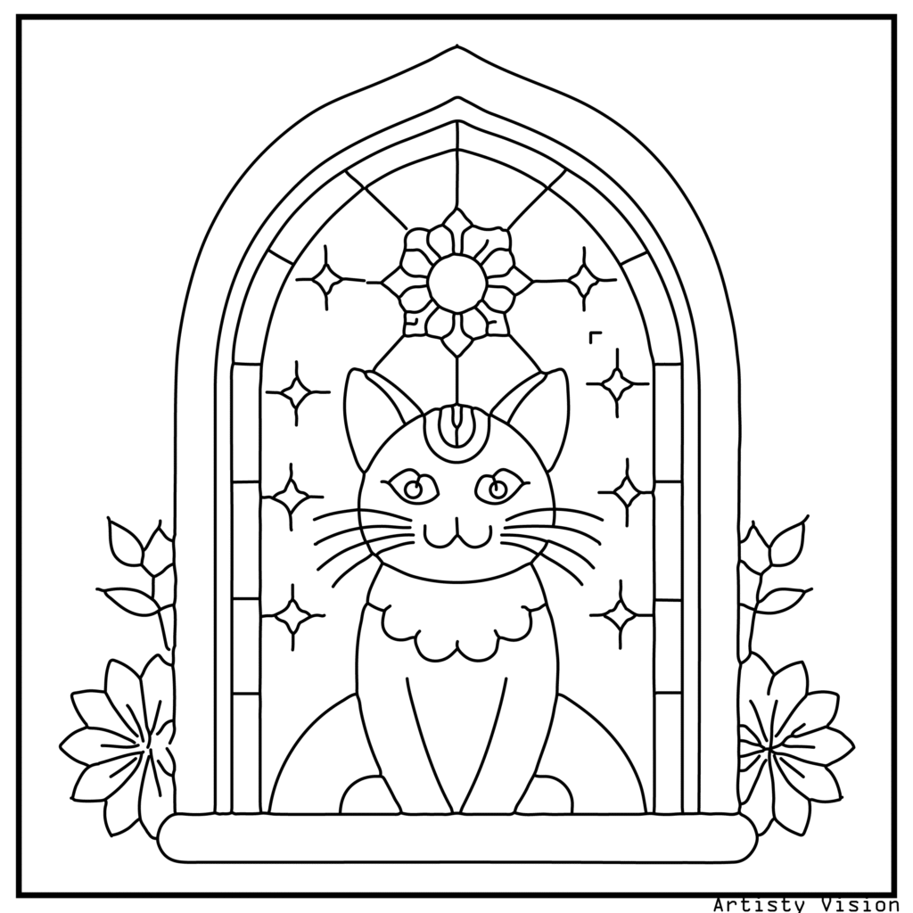 A unique cat coloring sheets of a cat looking out of a patterned window. The cat’s fur is filled with mandalas, paisleys, and swirls, while the window frame is decorated with floral and geometric designs. The background includes clouds, stars, and the moon.