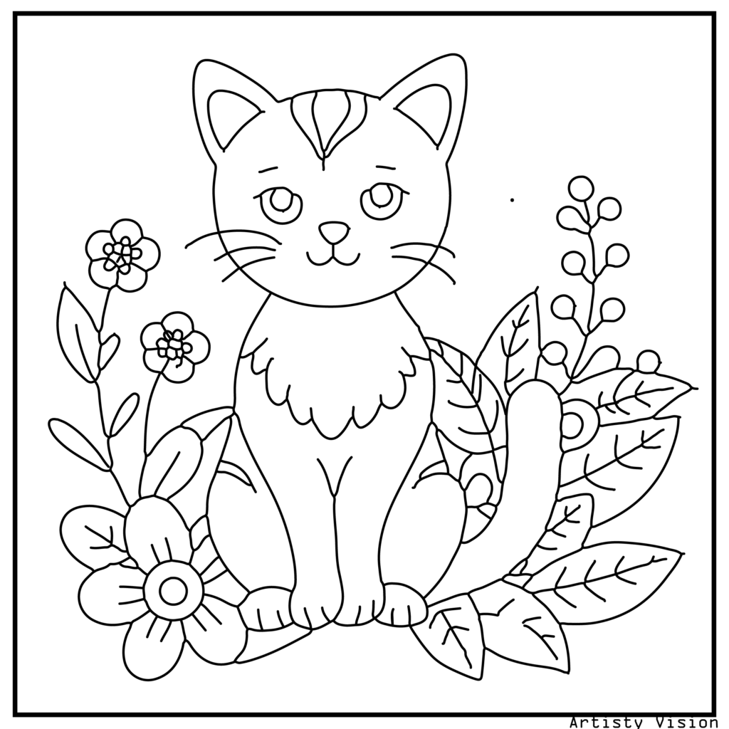 A kitten sitting in a garden surrounded by flowers in this cat coloring sheets. Its fur includes floral, paisley, and mandala decorations. The flowers and leaves in the background are also filled with intricate inner patterns, offering a detailed coloring experience.