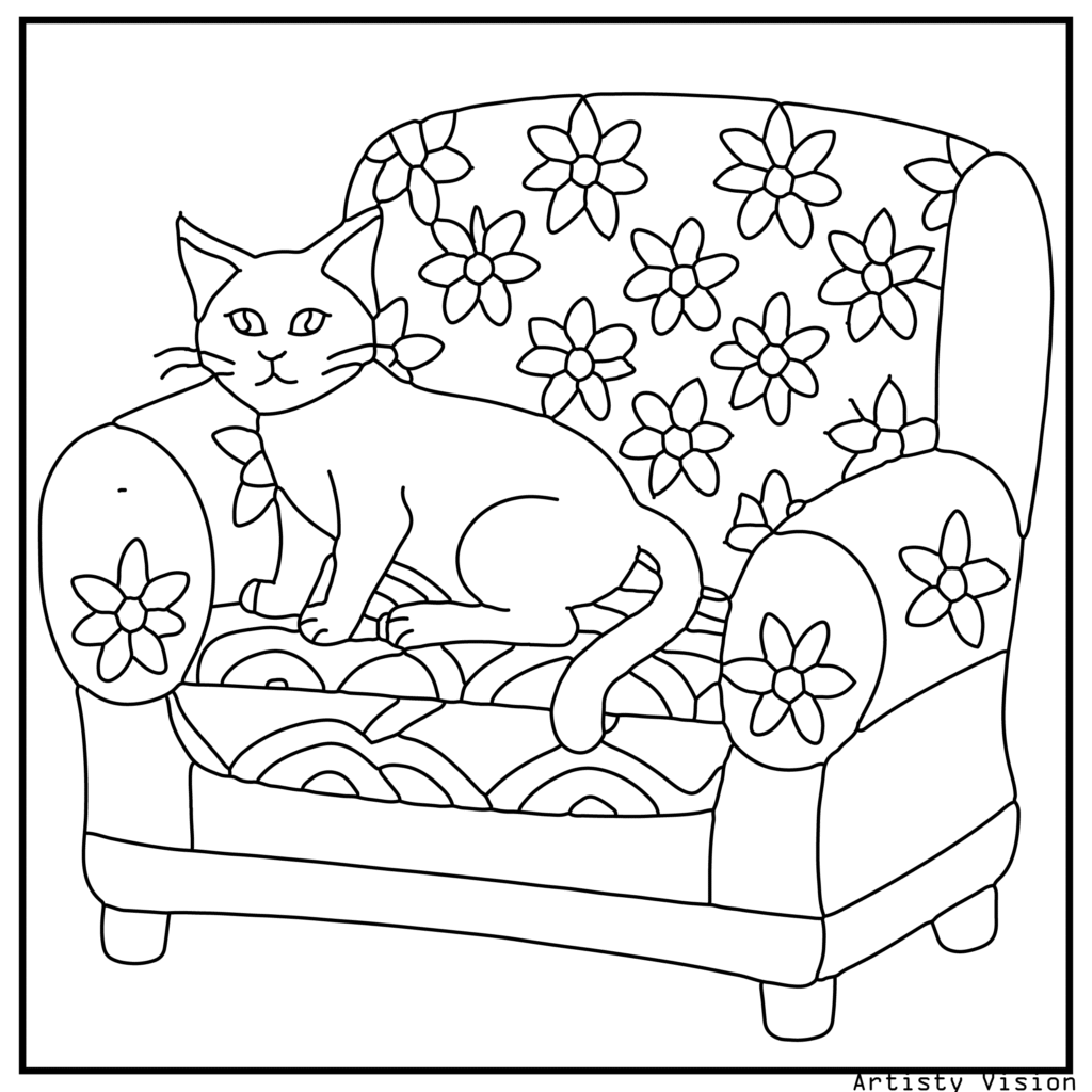 A high-resolution cat coloring sheets of a cat lounging on a patterned sofa. Its fur is decorated with floral and geometric motifs, while the sofa and background curtains are filled with swirling mandalas and decorative designs.