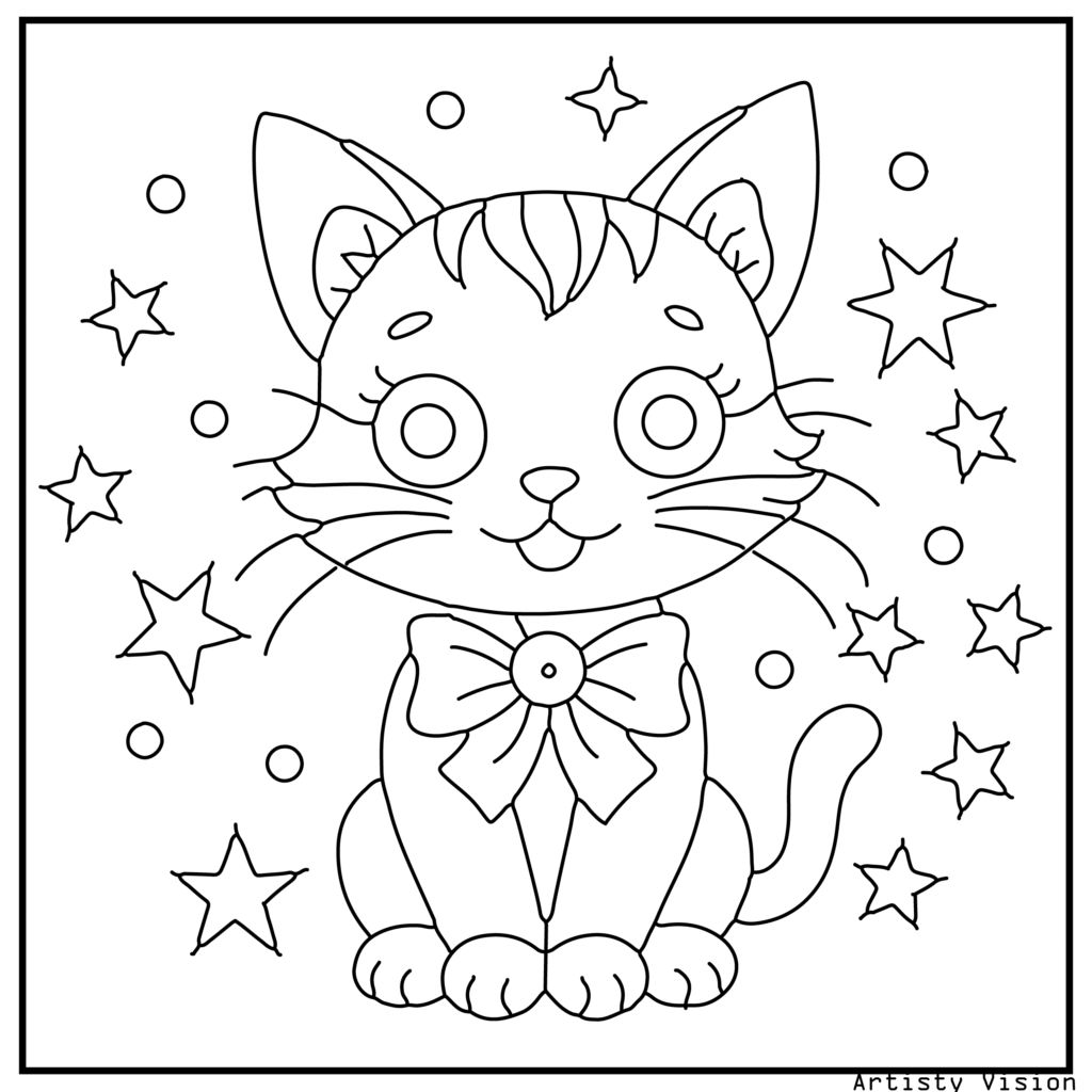 A cat coloring sheets featuring a kitten with big eyes wearing a patterned bow around its neck. The kitten’s fur is decorated with paisleys, mandalas, and swirls, while the bow has floral motifs. The background includes hearts and stars in decorative patterns.