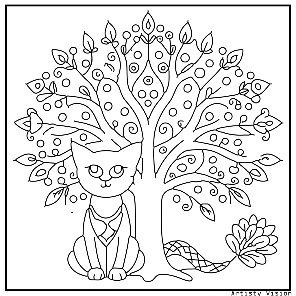 A cat coloring sheets of a cat sitting under a stylized patterned tree. Its fur includes floral, paisley, and mandala motifs, while the tree branches are filled with swirling patterns and geometric designs for a decorative background.