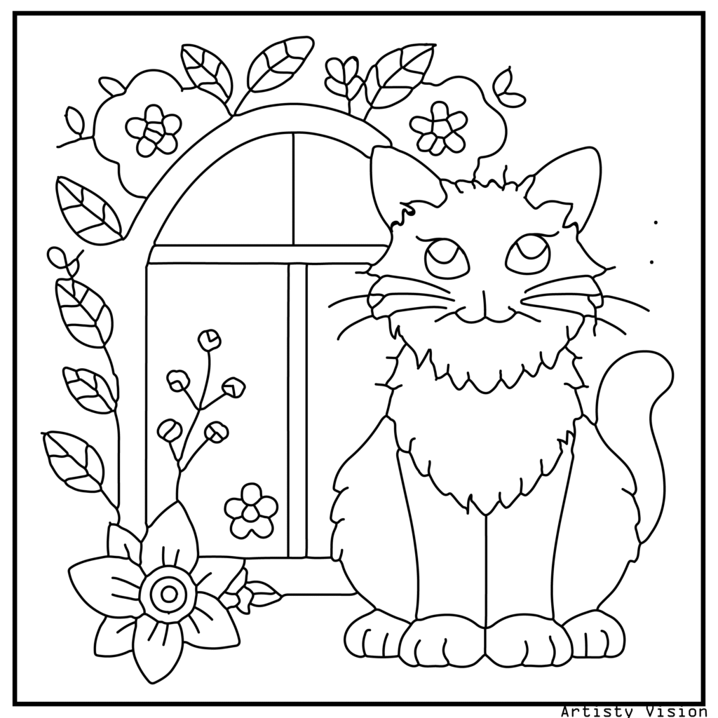 A fluffy cat perched on a windowsill in this cat coloring sheets. The cat’s fur is decorated with paisleys, mandalas, and swirling floral motifs, while the windowsill is surrounded by patterned flowers and vines, creating a relaxing design for coloring.