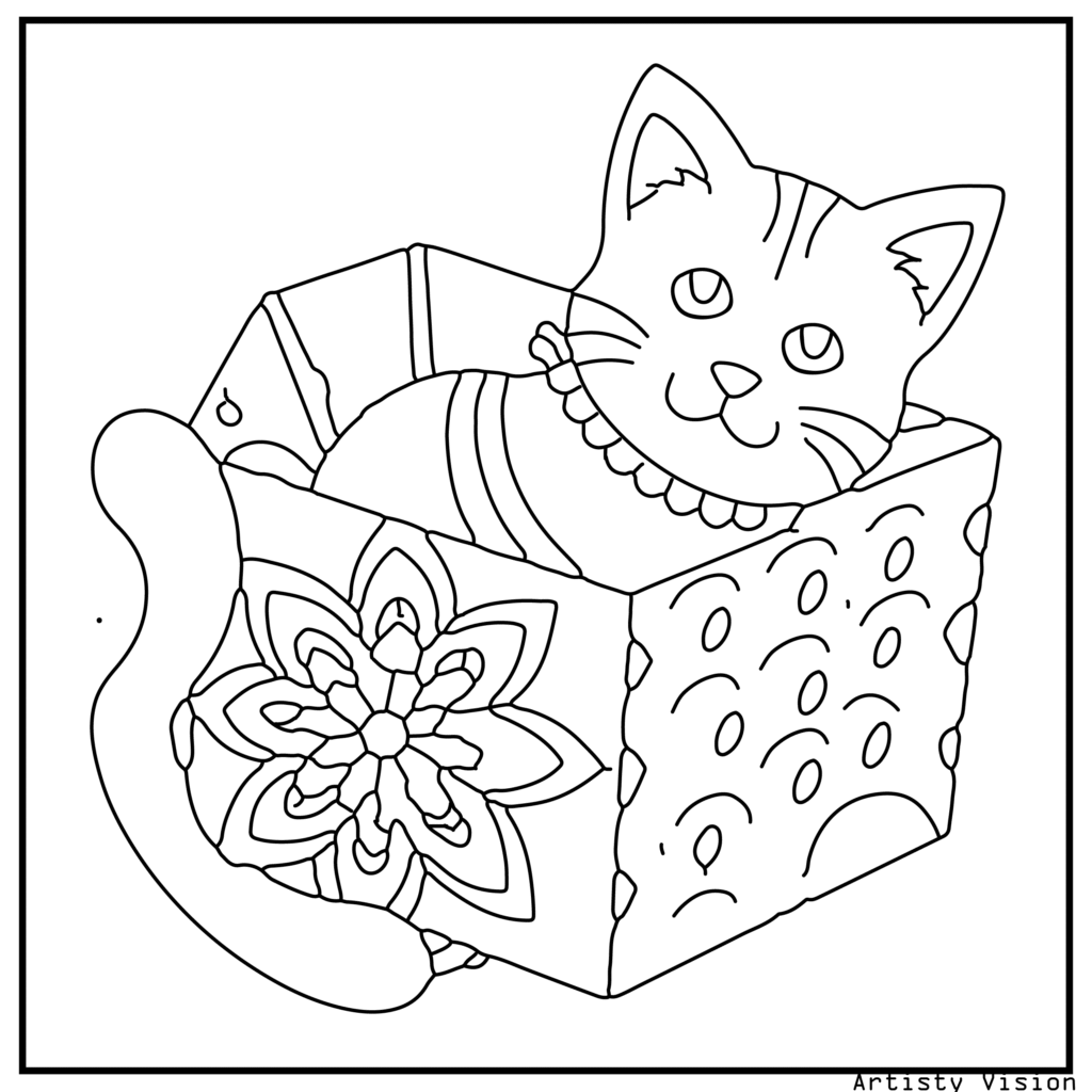 A playful kitten inside a patterned gift box in this cat coloring sheets. Its paws stick out playfully, and its fur is decorated with mandalas and paisleys. The gift box is covered with floral and geometric designs, with ribbons and stars in the background.