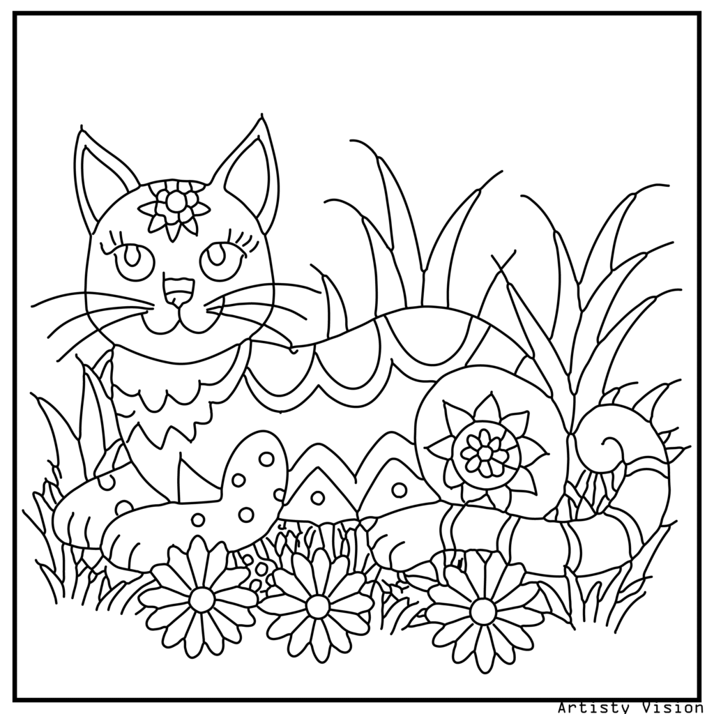 A cat lying peacefully in the grass in this cat coloring sheets. The cat’s fur includes intricate floral, paisley, and mandala motifs, while the grass, butterflies, and flowers in the background are filled with detailed inner patterns.