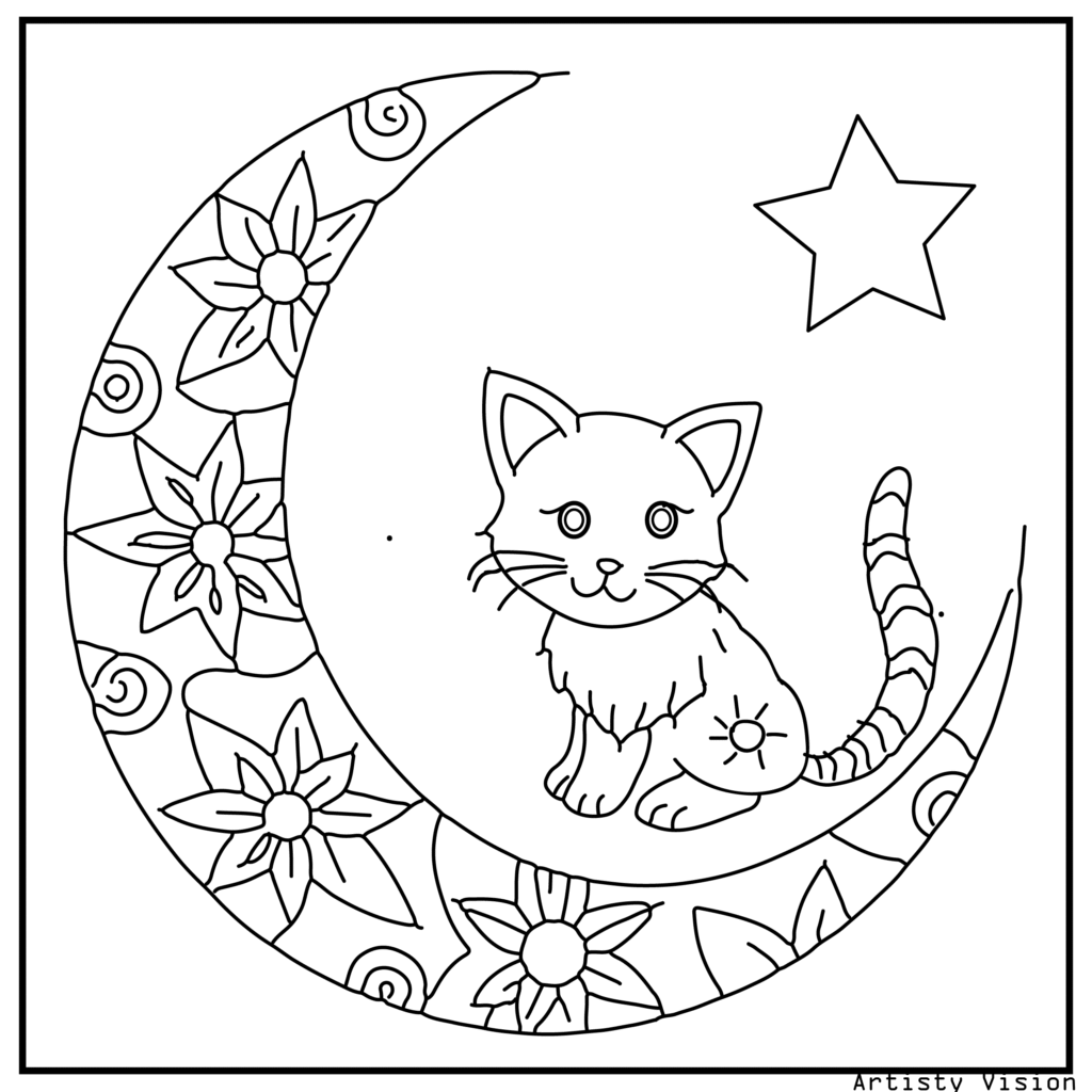 A kitten sitting on a patterned crescent moon in this cat coloring sheets. Its fur is decorated with swirls, floral motifs, and mandalas, while the moon and background stars feature geometric and paisley patterns.