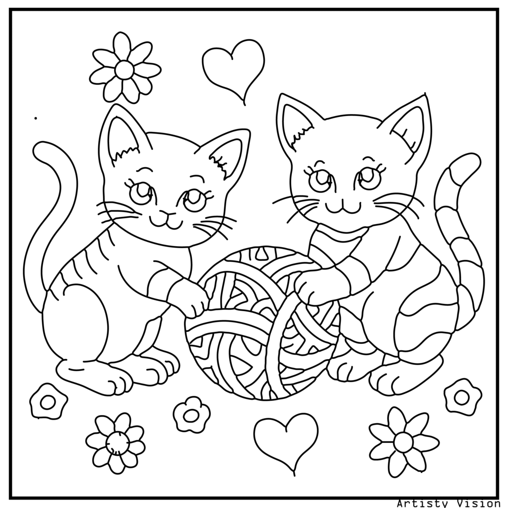 Two kittens playing with patterned balls of yarn in this cat coloring sheets. Their fur is decorated with mandalas, floral motifs, and paisleys, while the yarn balls have swirling details. The background includes stylized hearts and flowers.