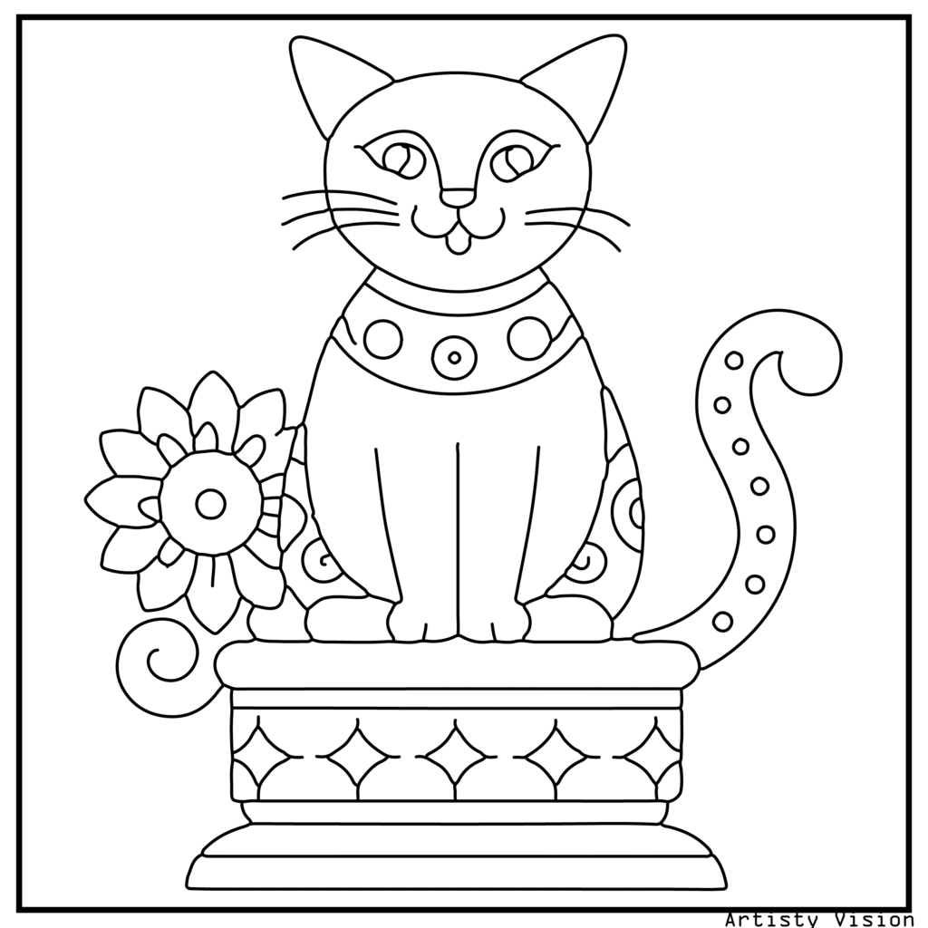 A cat standing proudly on a decorated pedestal in this cat coloring sheets. Its fur features mandalas, paisleys, and swirling designs, while the pedestal is covered with floral and geometric patterns. The background includes decorative vines and curtains.