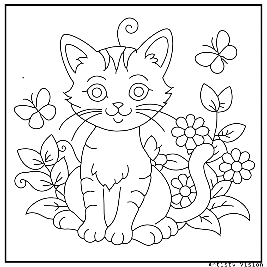 A kitten surrounded by butterflies and flowers in this cat coloring sheets. The kitten’s fur is decorated with paisleys, mandalas, and floral motifs, while the butterflies and flowers include intricate symmetrical designs to match the main subject.