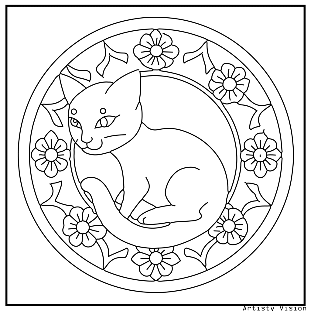 A cat curled up inside a circular patterned frame in this cat coloring sheets. The cat’s fur includes floral, paisley, and mandala motifs, while the circle frame is decorated with stars, swirls, and geometric designs.