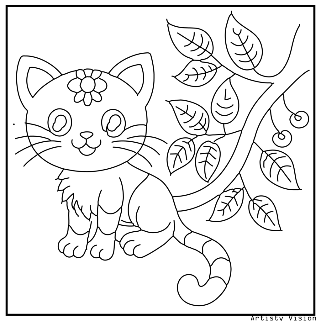 A playful kitten hanging from a patterned tree branch in this cat coloring sheets. Its fur is filled with swirling mandalas and floral motifs, while the branch is covered in paisleys and leaves. The background includes clouds and decorative details.
