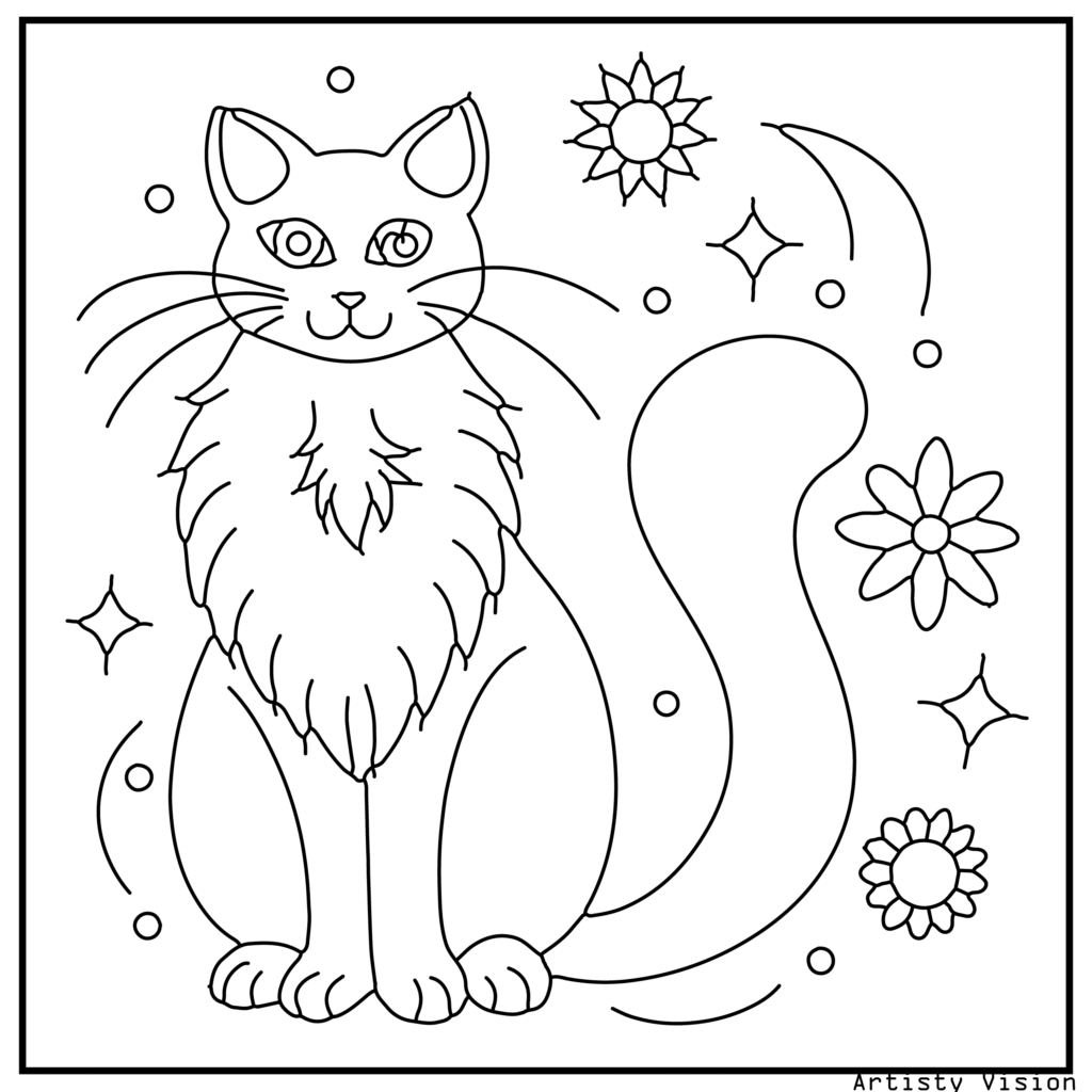 A majestic long-haired cat sitting upright in this cat coloring sheets. Its tail is curled around its body, and its fur is decorated with floral motifs, paisleys, and mandalas. The background includes stars, moon, and swirling decorative patterns.