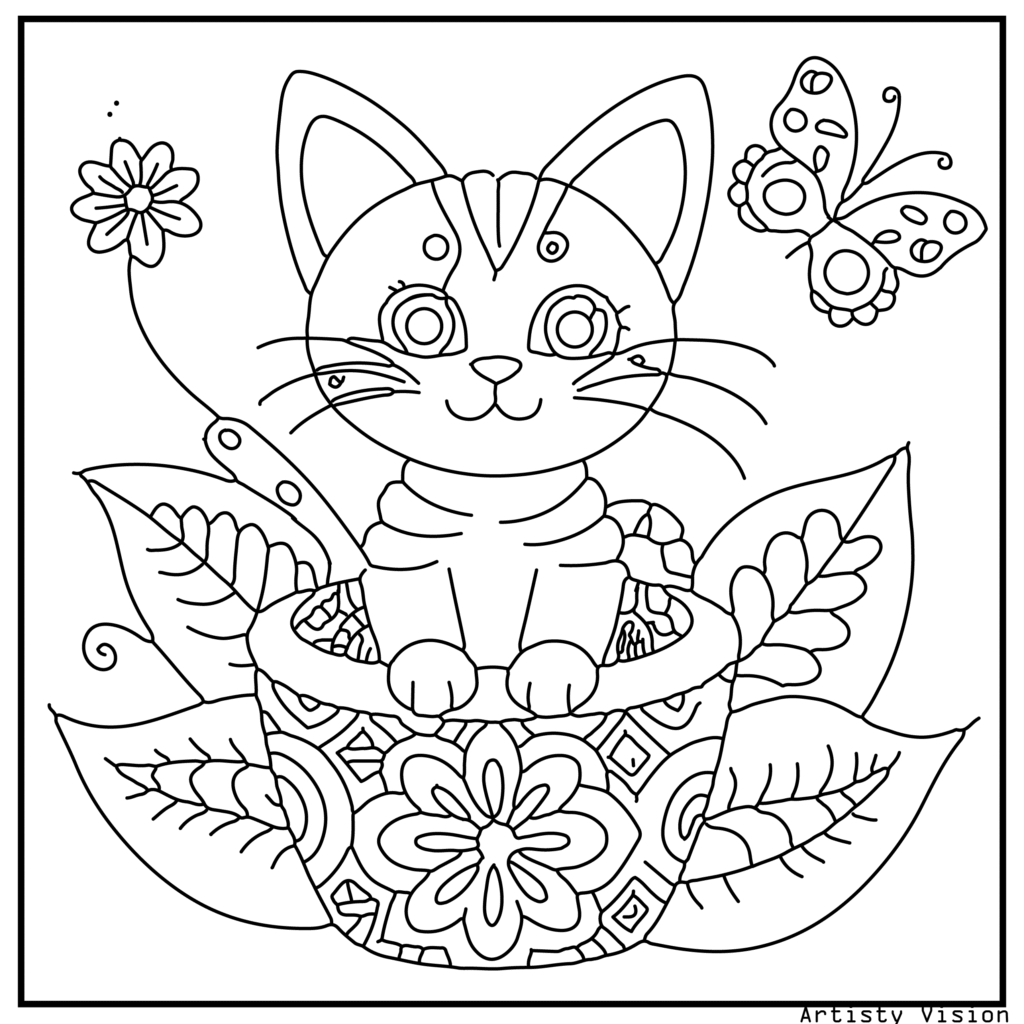 A kitten sitting inside a patterned flower pot in this cat coloring sheets. Its fur is decorated with swirls, paisleys, and mandalas, while the pot is filled with floral and geometric motifs. The background includes butterflies and grass with decorative patterns.