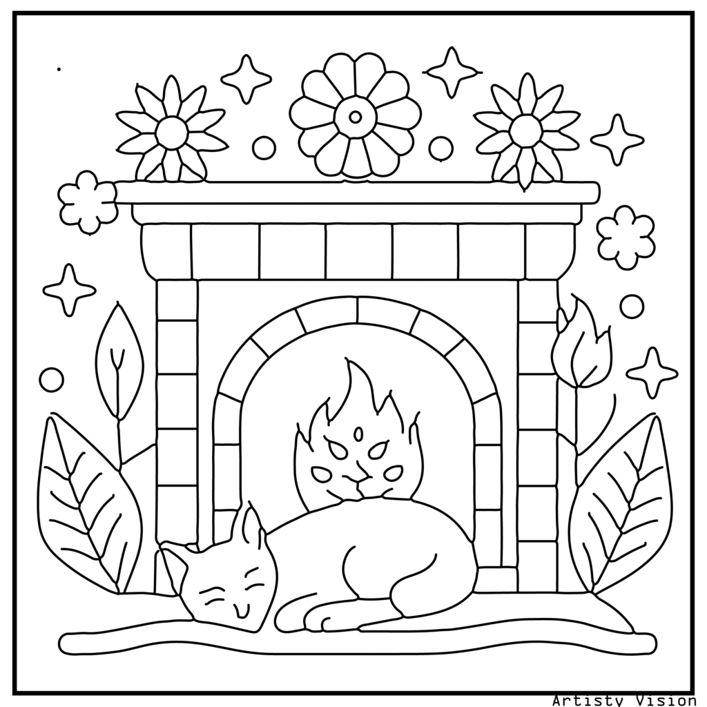 A cat lying in front of a patterned fireplace in this cat coloring sheets. The cat’s fur features floral, paisley, and mandala motifs, while the fireplace is designed with symmetrical geometric decorations for a cozy and intricate coloring page.