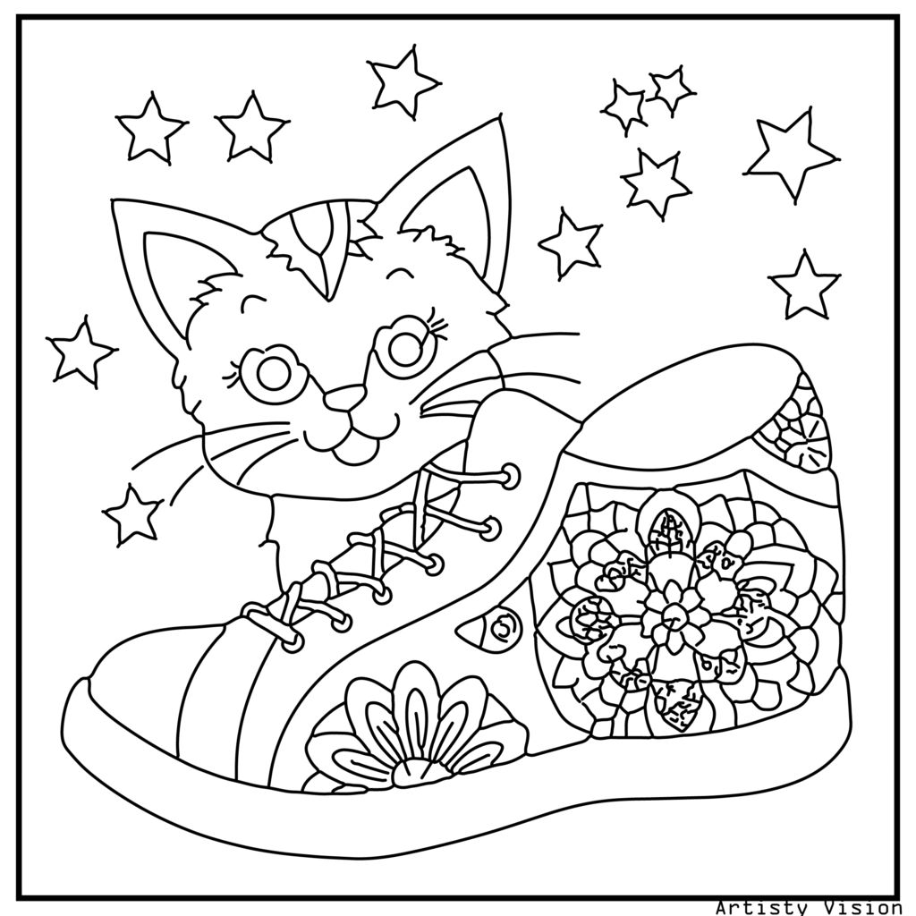 A kitten peeking out of a patterned shoe in this cat coloring sheets. Its fur is covered with mandalas, paisleys, and swirls, while the shoe is decorated with geometric and floral designs. The background includes stylized stars and hearts.