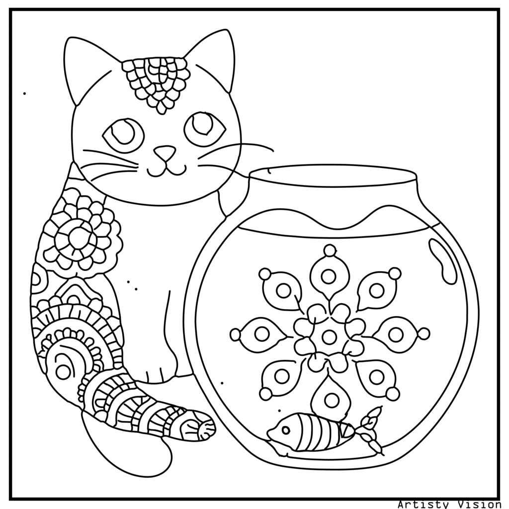 A cat gazing at a decorative fishbowl in this cat coloring sheets. The cat’s fur includes mandalas, paisleys, and floral motifs, while the fishbowl is decorated with swirls, geometric designs, and paisleys. The fish inside are also patterned.