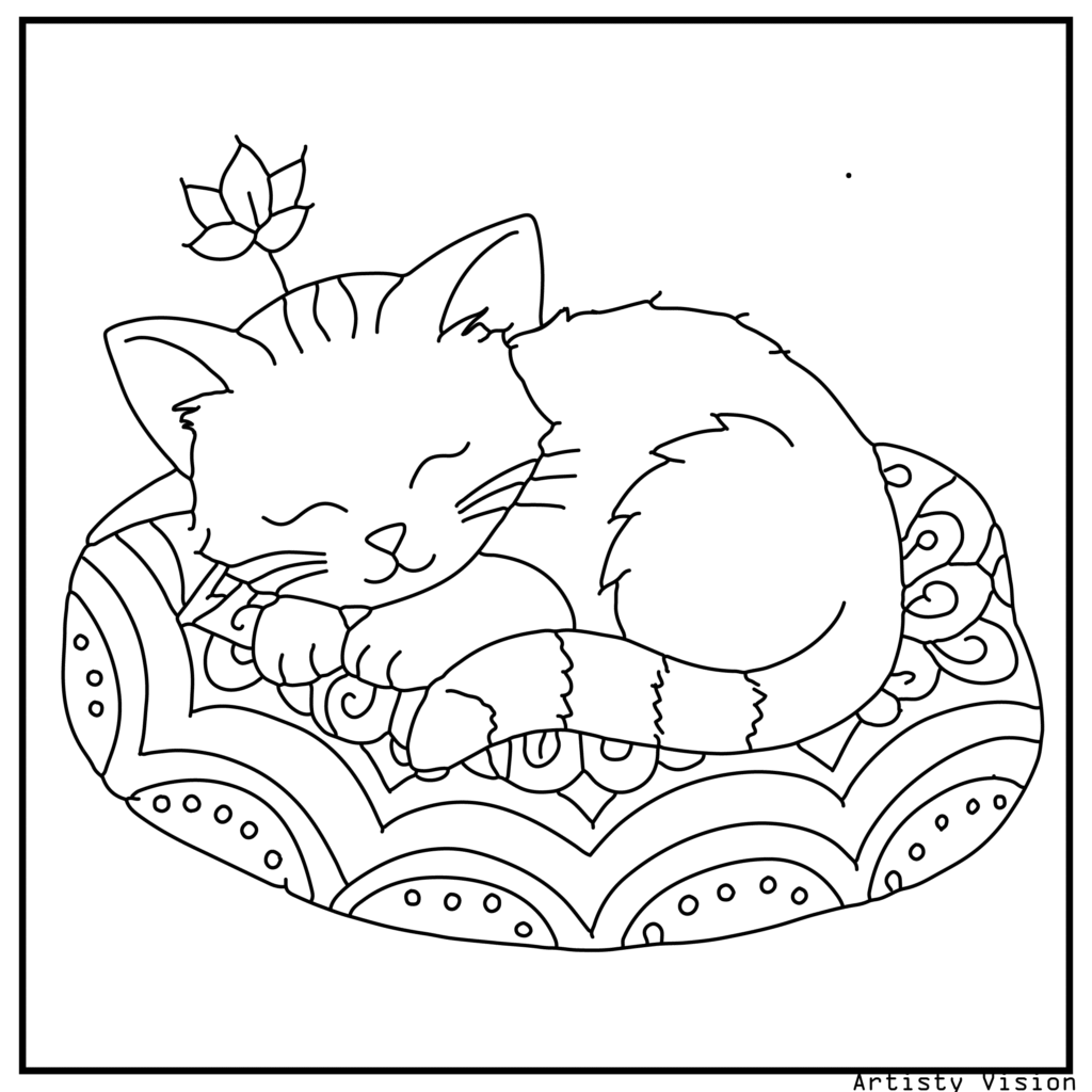A fluffy kitten sleeping on a patterned cushion in this cat coloring sheets. Its fur is decorated with floral, mandala, and paisley motifs, while the cushion and background include swirling and geometric designs.
