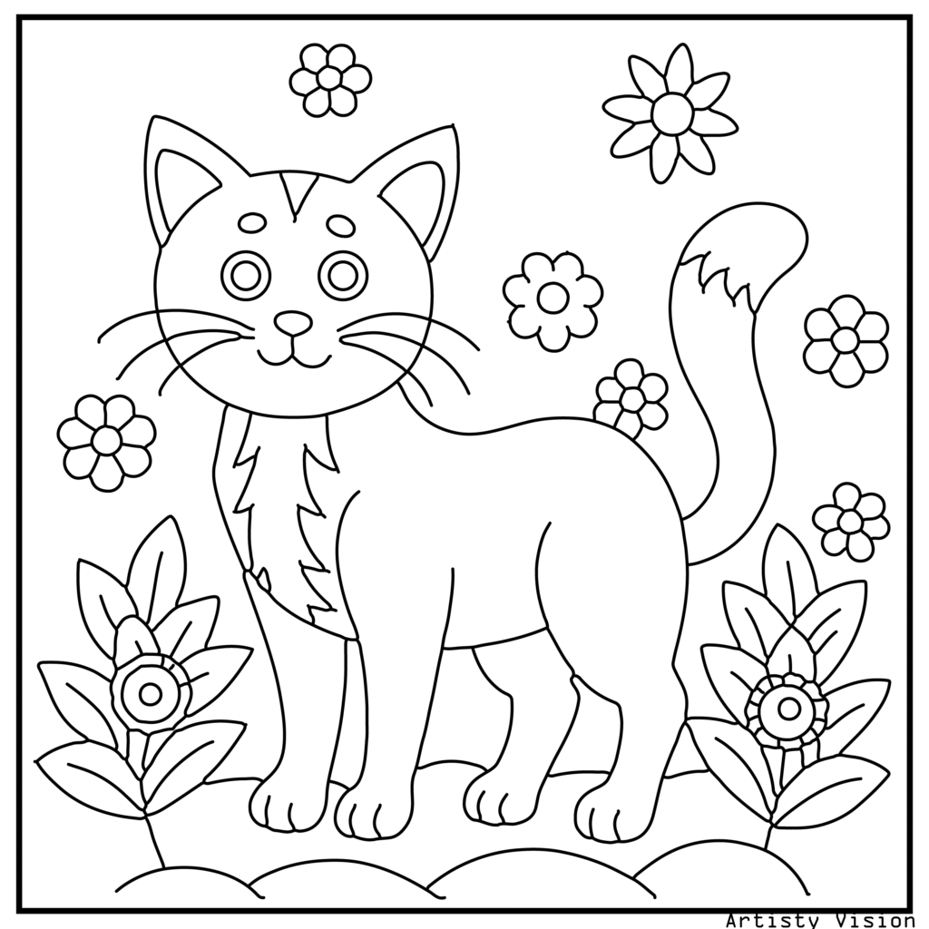 A cat standing in a decorative meadow in this cat coloring sheets. Its body includes floral, paisley, and swirl motifs, while the grass and flowers in the background are filled with mandalas and intricate details.