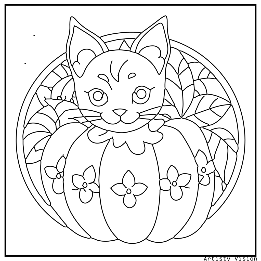 A kitten playing inside a patterned pumpkin in this cat coloring sheets. Its fur is decorated with paisleys, mandalas, and swirls, while the pumpkin is covered with floral and geometric designs. The background includes decorative autumn leaves.