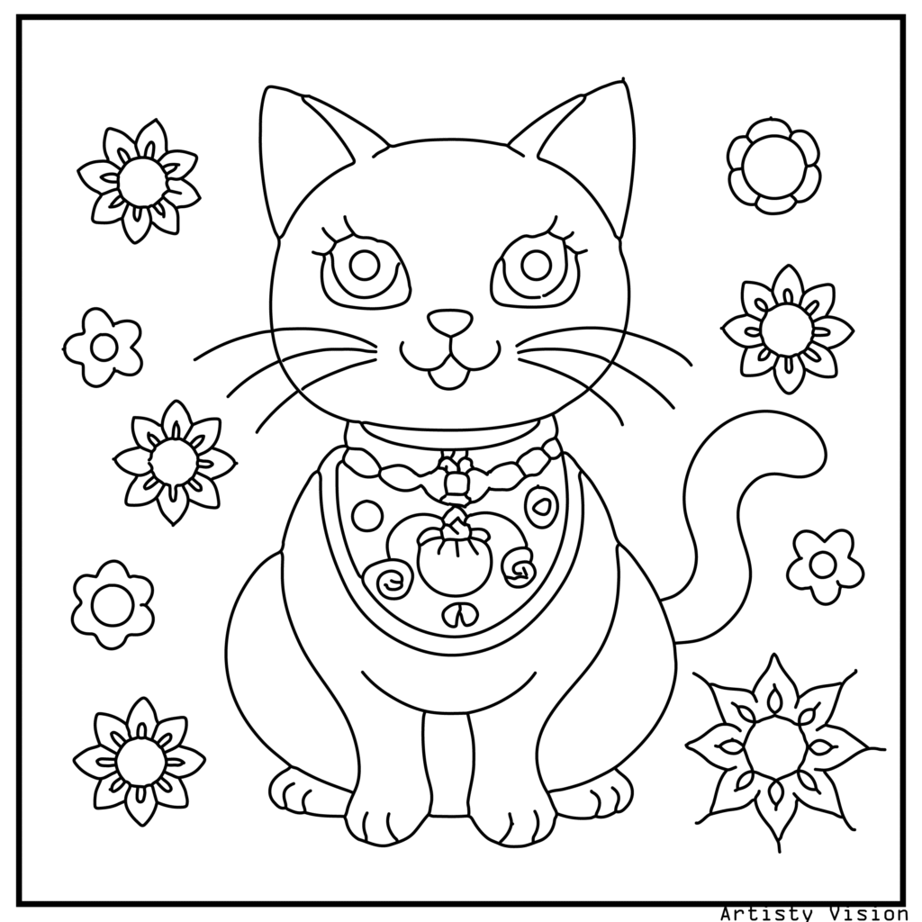 A cat wearing a patterned collar with a decorative bell in this cat coloring sheets. The fur is decorated with mandalas, paisleys, and floral motifs, while the collar and bell feature swirl patterns. The background includes stylized hearts and stars.