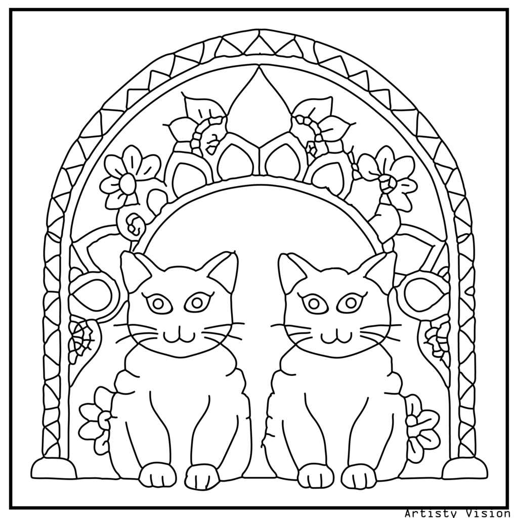 Two cats sitting side by side under a patterned arch in this cat coloring sheets. Their fur includes paisleys, mandalas, and floral designs, while the arch is filled with intricate geometric motifs for an ornate look.