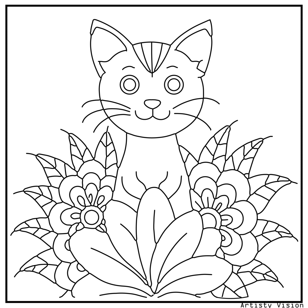 A kitten peeking through tall patterned flowers in this cat coloring sheets. Its fur includes swirls, paisleys, and mandalas, while the flowers feature floral and decorative motifs to enhance the background.