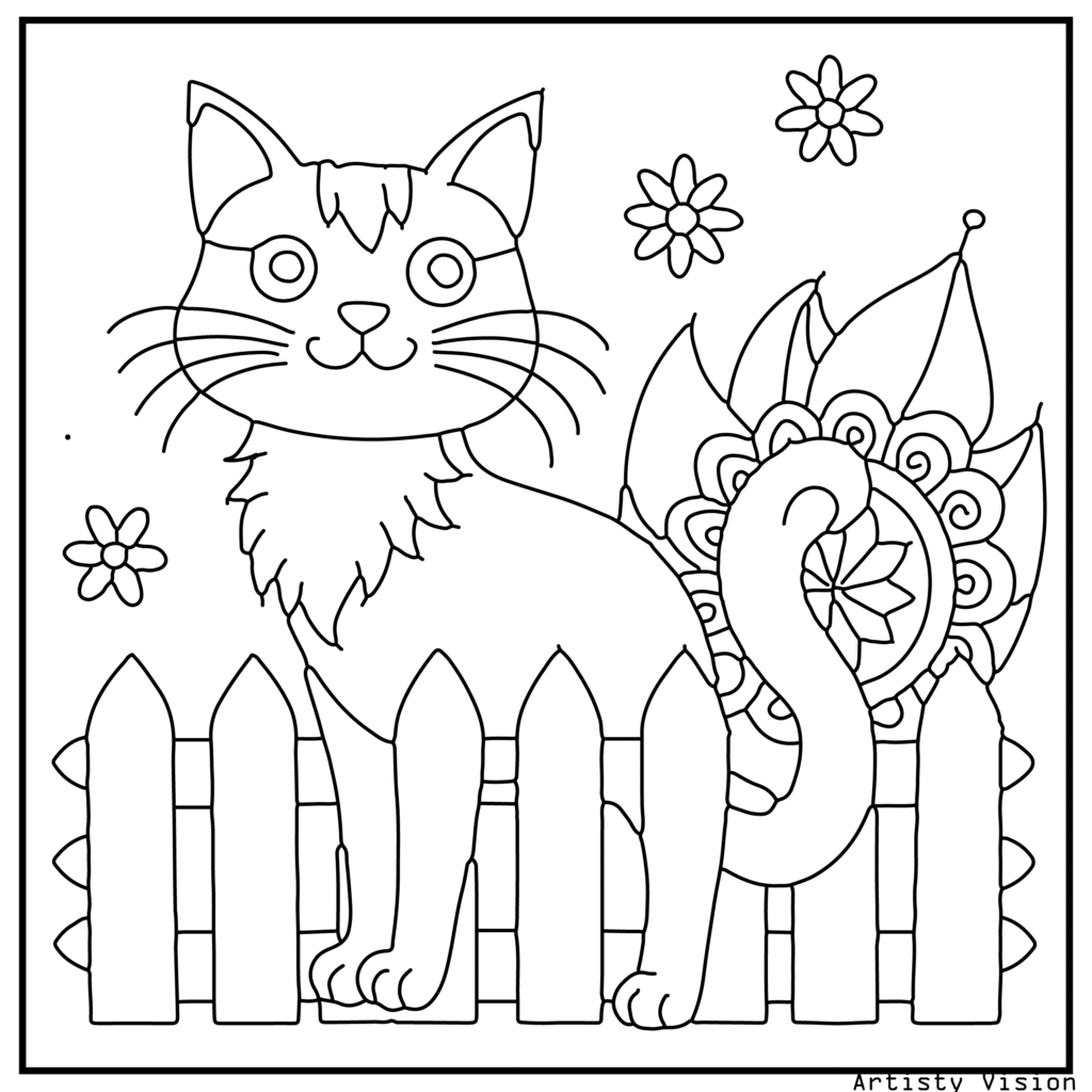 A fluffy cat perched on a patterned fence in this cat coloring sheets. Its fur is decorated with paisleys, mandalas, and floral motifs, while the fence and background include leaves, flowers, and stars with detailed inner patterns.
