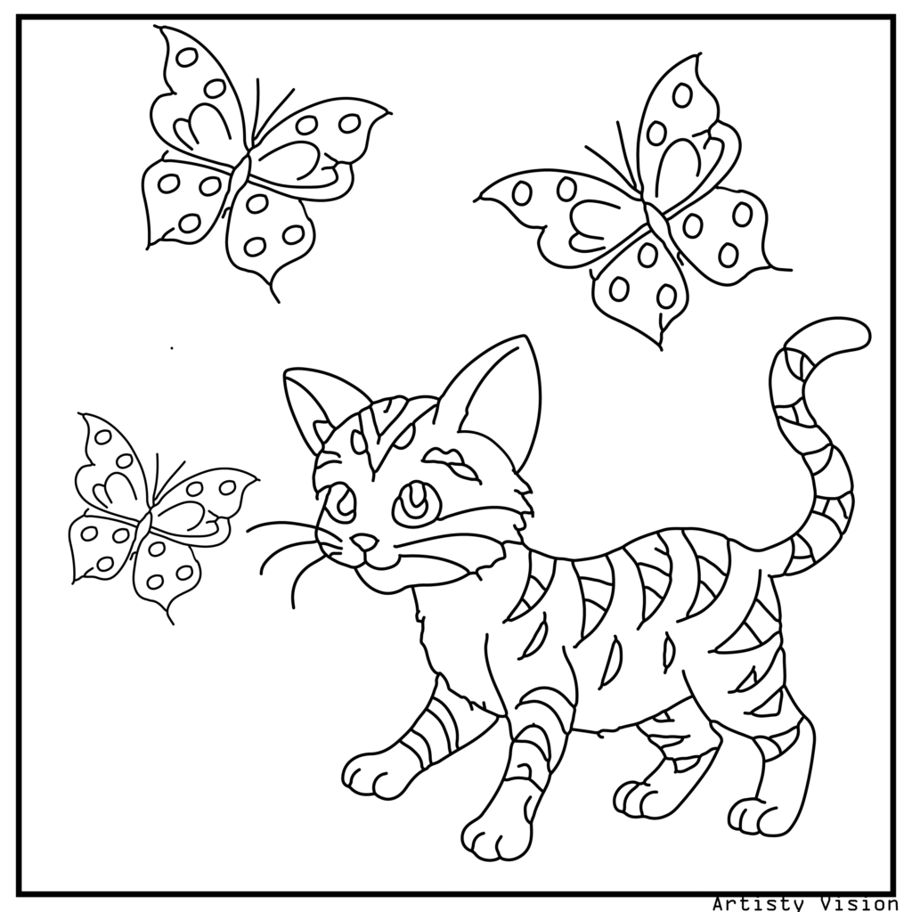 A playful kitten chasing patterned butterflies in this cat coloring sheets. The kitten’s fur features swirls, mandalas, and paisleys, while the butterflies and flowers around it are filled with matching decorative designs.