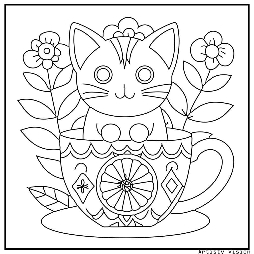 A cat sitting inside a patterned teacup in this cat coloring sheets. The cat’s fur is decorated with mandalas, paisleys, and swirls, while the teacup is covered in floral and geometric designs. The background includes decorative leaves and flowers.