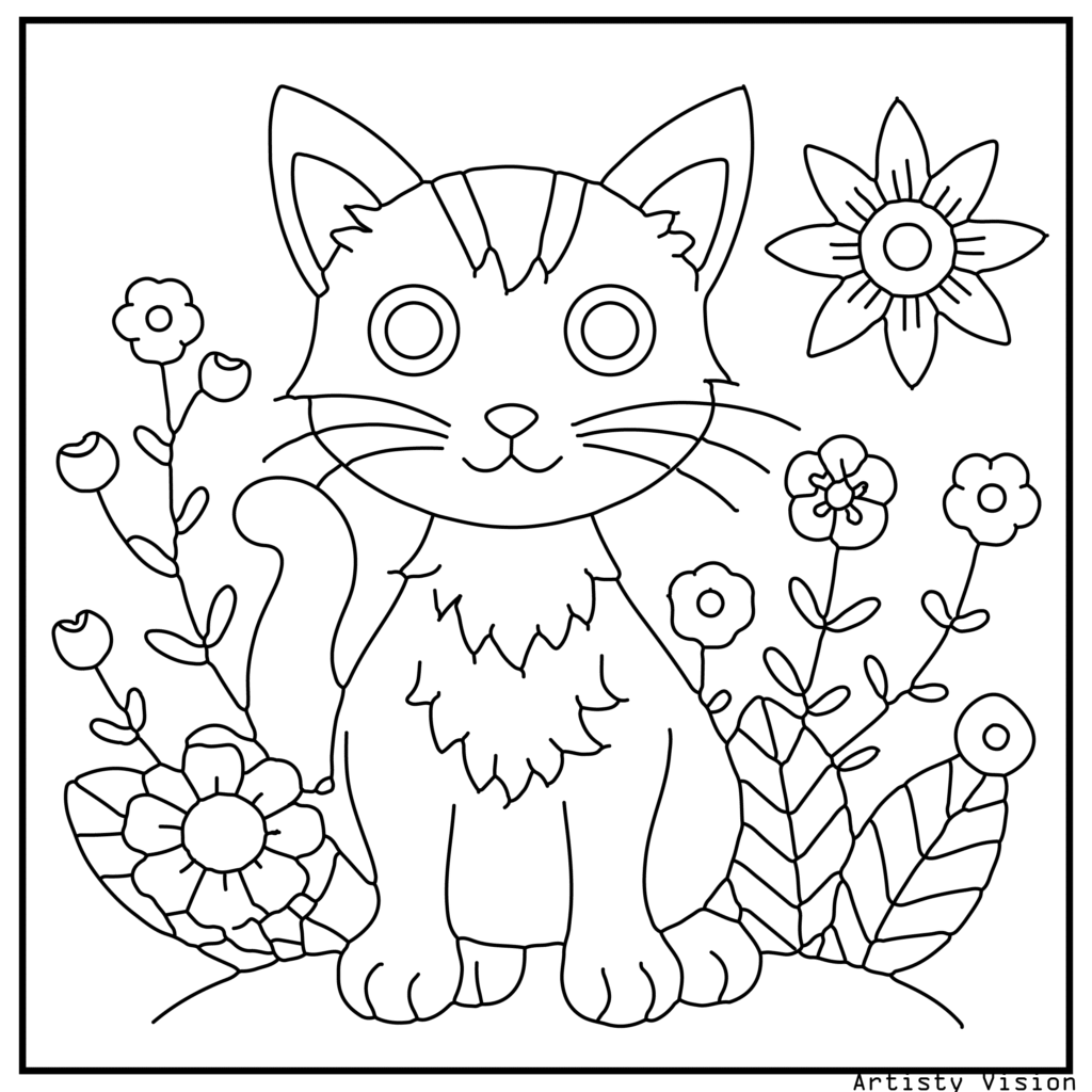 A curious kitten exploring a patterned garden with mushrooms and flowers in this cat coloring sheets. Its fur is decorated with floral motifs, paisleys, and mandalas, while the garden elements are drawn with intricate details.