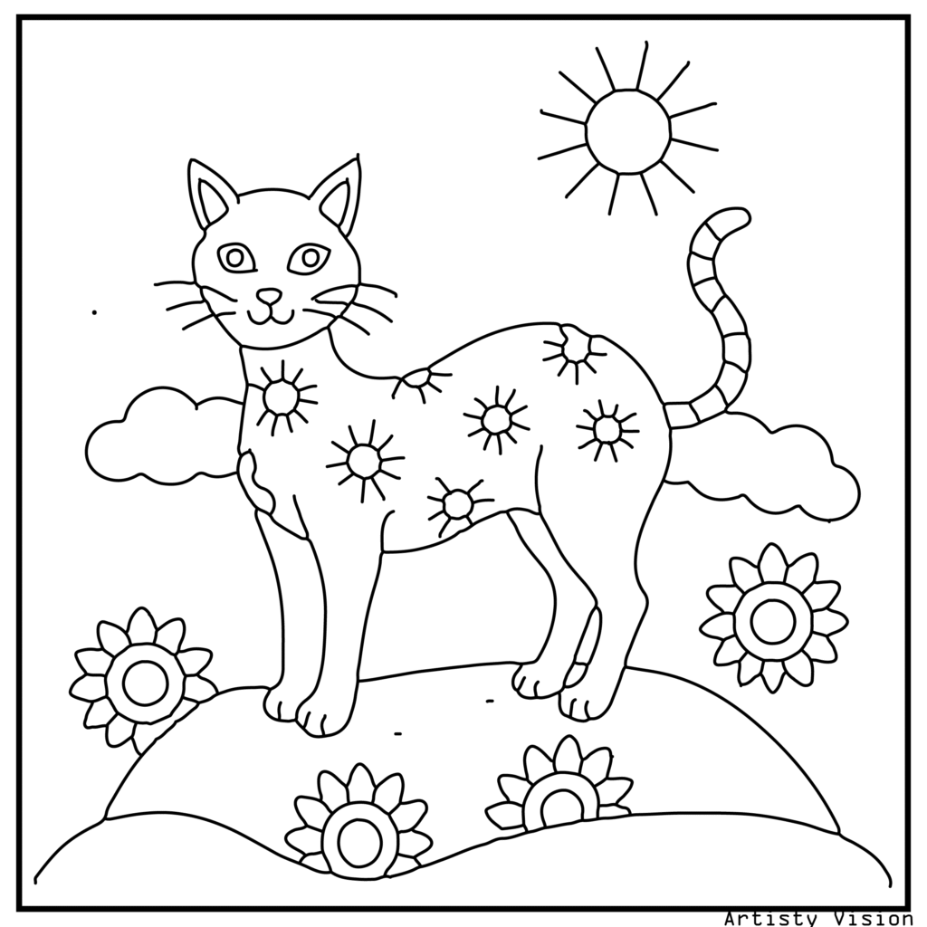 A majestic cat standing on a patterned hill in this cat coloring sheets. Its fur includes paisleys, mandalas, and floral swirls, while the background has a sun, clouds, and stars decorated with inner geometric patterns.