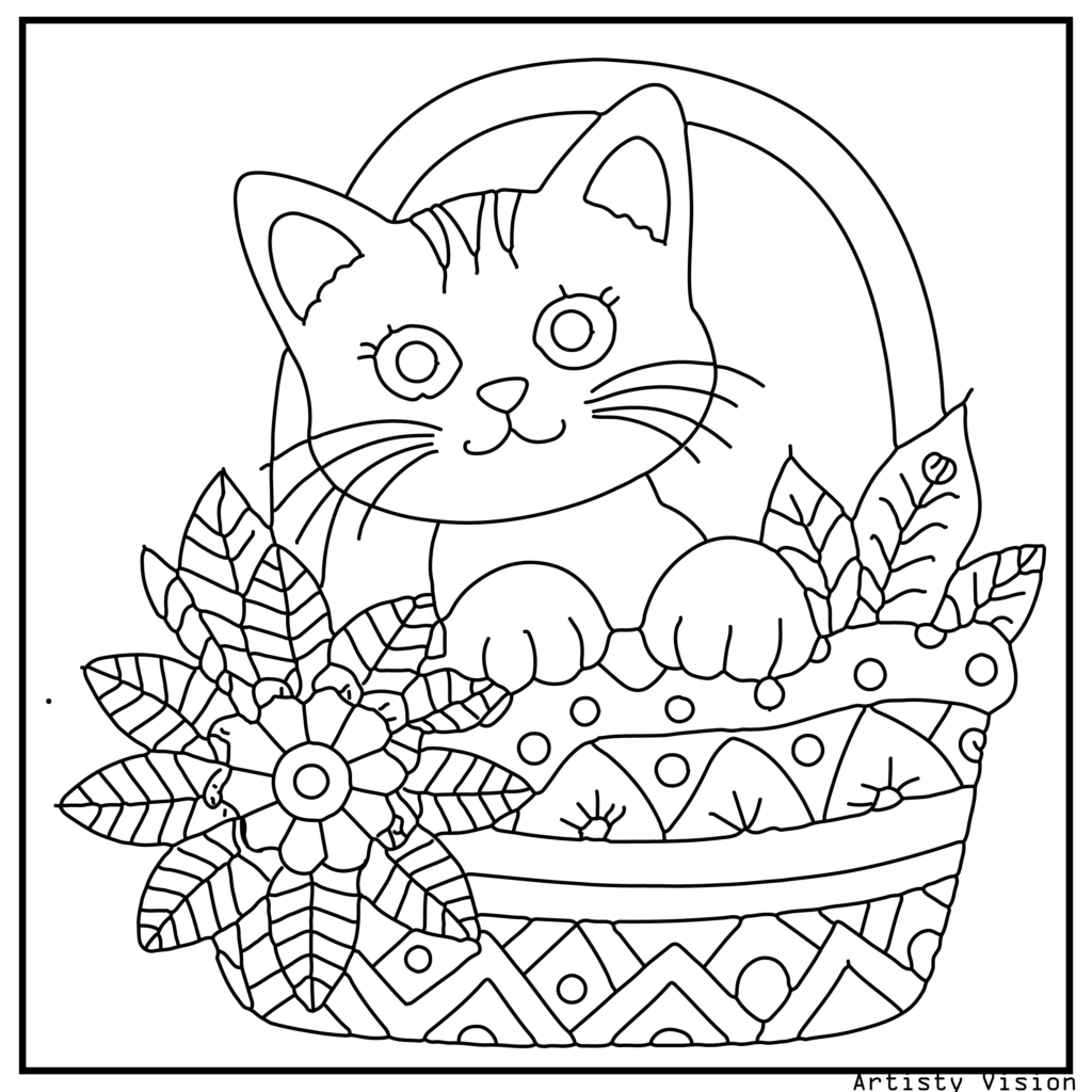 A playful kitten peeking out of a patterned basket in this cat coloring sheets. Its fur is decorated with mandalas, swirls, and floral motifs, while the basket features paisleys and geometric designs. The background includes stylized flowers and leaves.