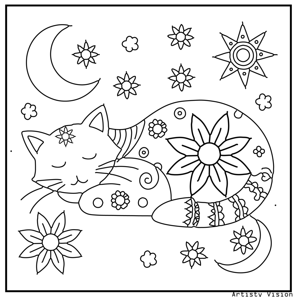 A cat lying on a patterned moon in this cat coloring sheets. Its fur is decorated with mandalas, paisleys, and floral motifs, while the moon, stars, and clouds in the background are filled with intricate swirling patterns.
