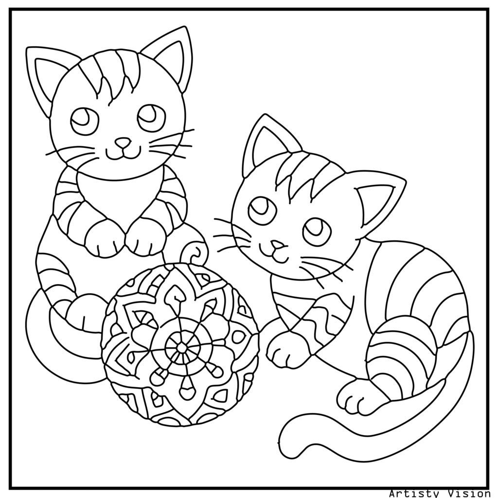 Two kittens playing with patterned yarn balls in this cat coloring sheets. Their fur includes mandalas, paisleys, and floral motifs, while the yarn balls and background are filled with swirling and geometric designs.