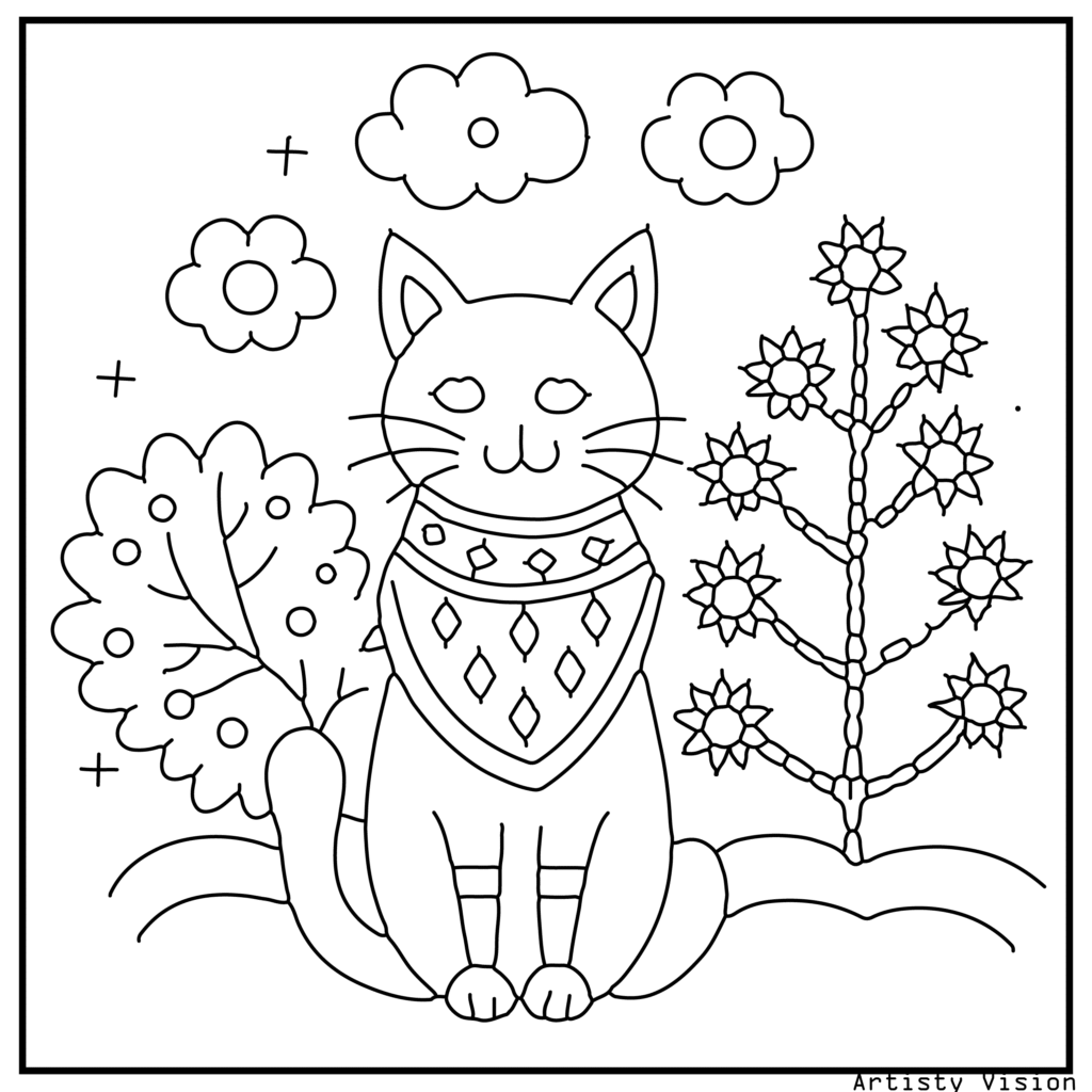 A cat wearing a patterned scarf sitting under a decorative tree in this cat coloring sheets. The fur includes paisleys and mandalas, while the scarf and tree are decorated with floral and geometric motifs. The background features patterned stars and clouds.
